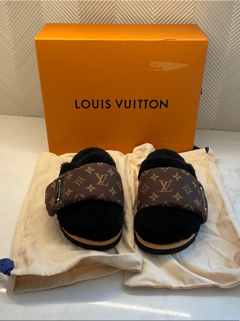 Louis Vuitton Monogram Shearling Mules Size 39